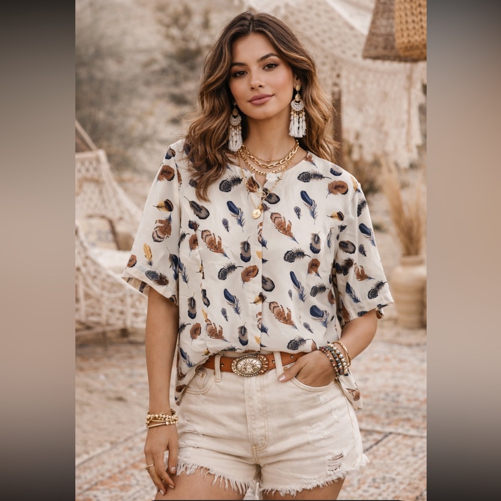 Vintage Cathy Che Feather Print Short Sleeve Blouse Top Neutral Earth Tones M/L